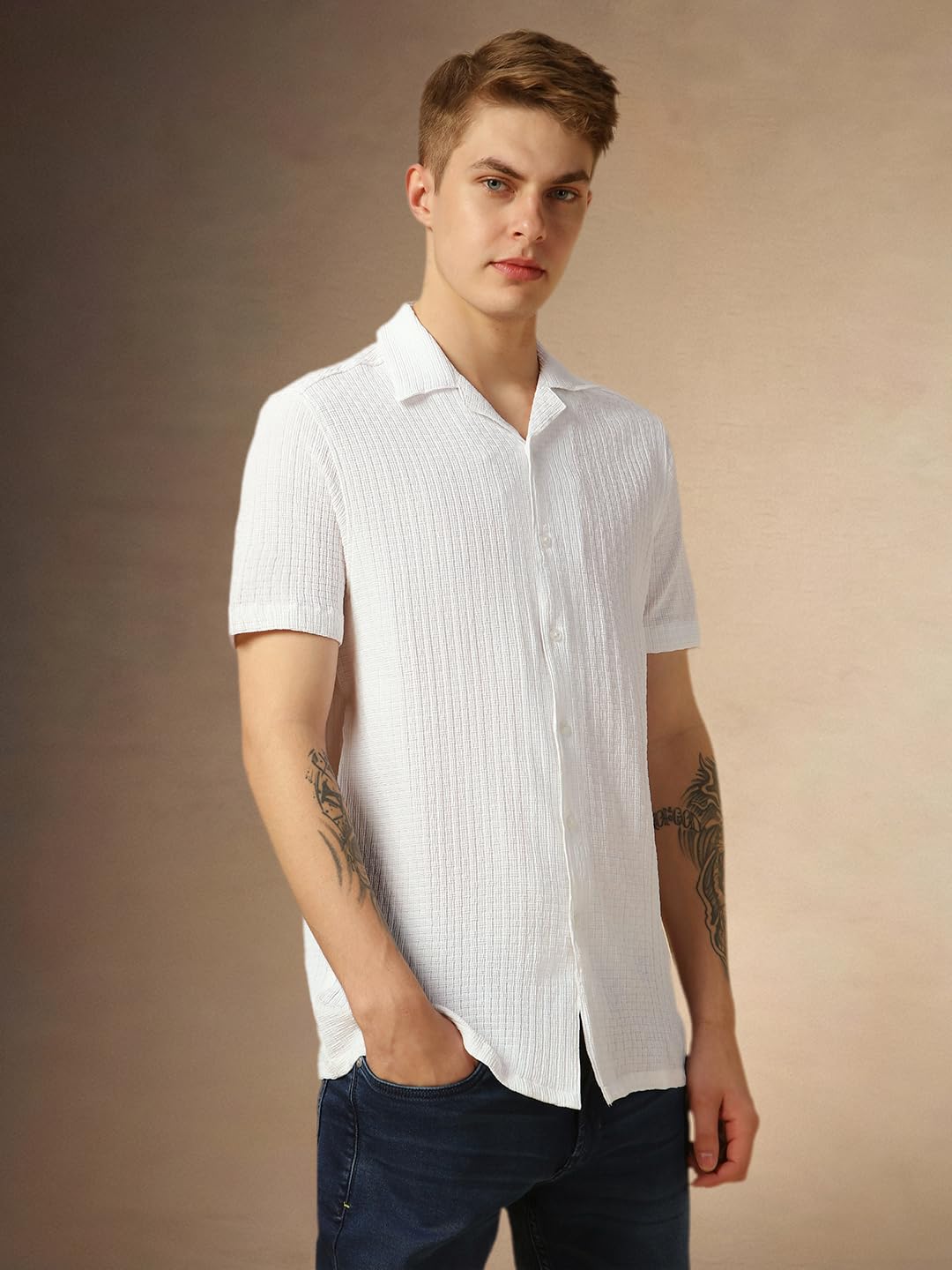 Dennis Lingo MenS White Half Sleeve Cuban Collar Solid Textured Relaxed Fit Casual Shirt