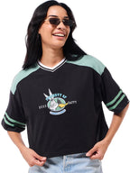 Bewakoof Official Looney Tunes Merchandise Bugs & Daffy Womens Graphic Printed Oversized Fit Half Sleeve V-Neck Pure Cotton T-S