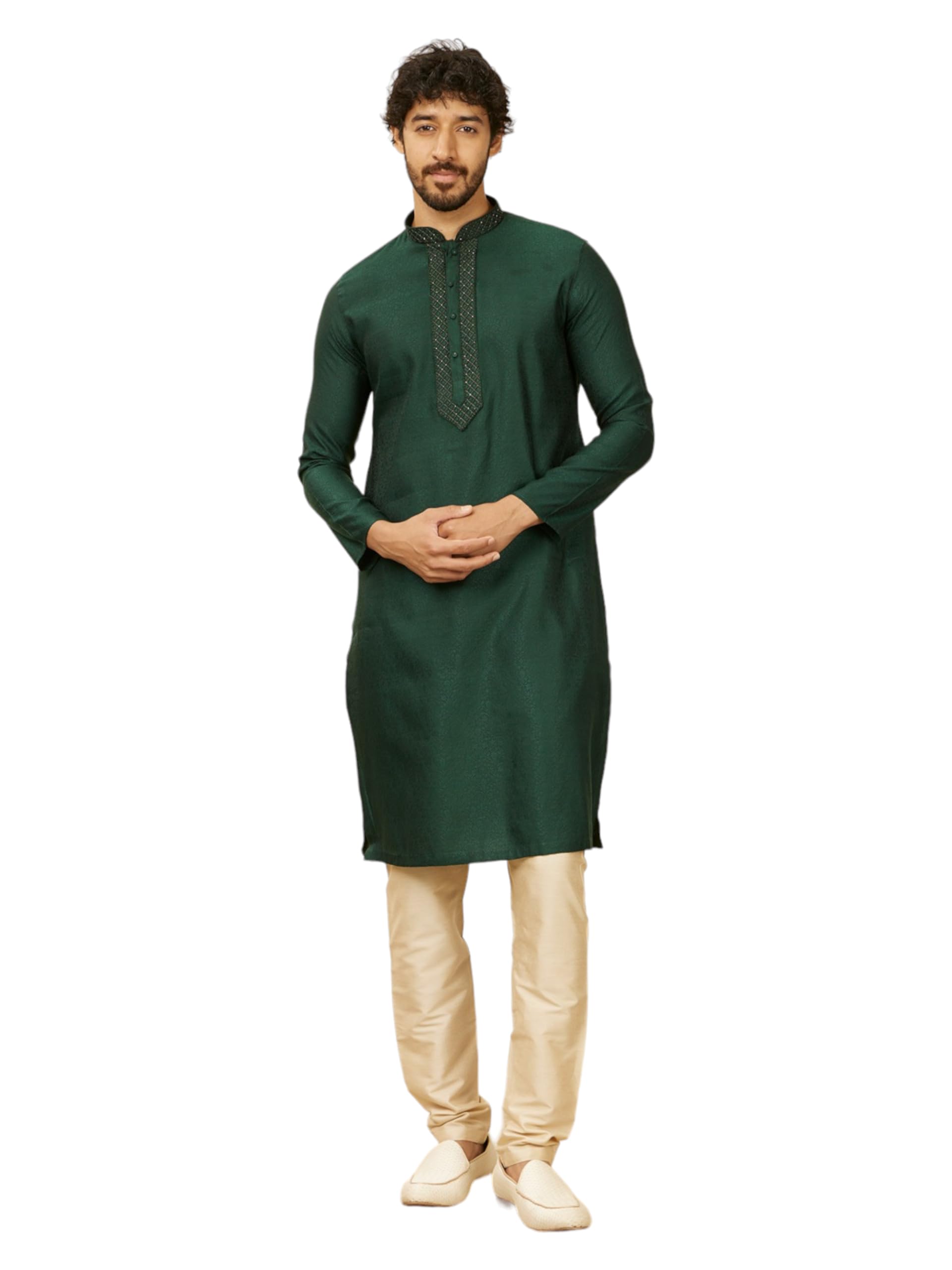 Manyavar Dark Green Blended Viscose Jacquard|Self Texture Kurta Pyjama Set For Men