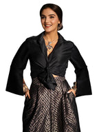 Ishin WomenS Black & Gold Festive Crop Knot Top With Flared Brocade Trousers