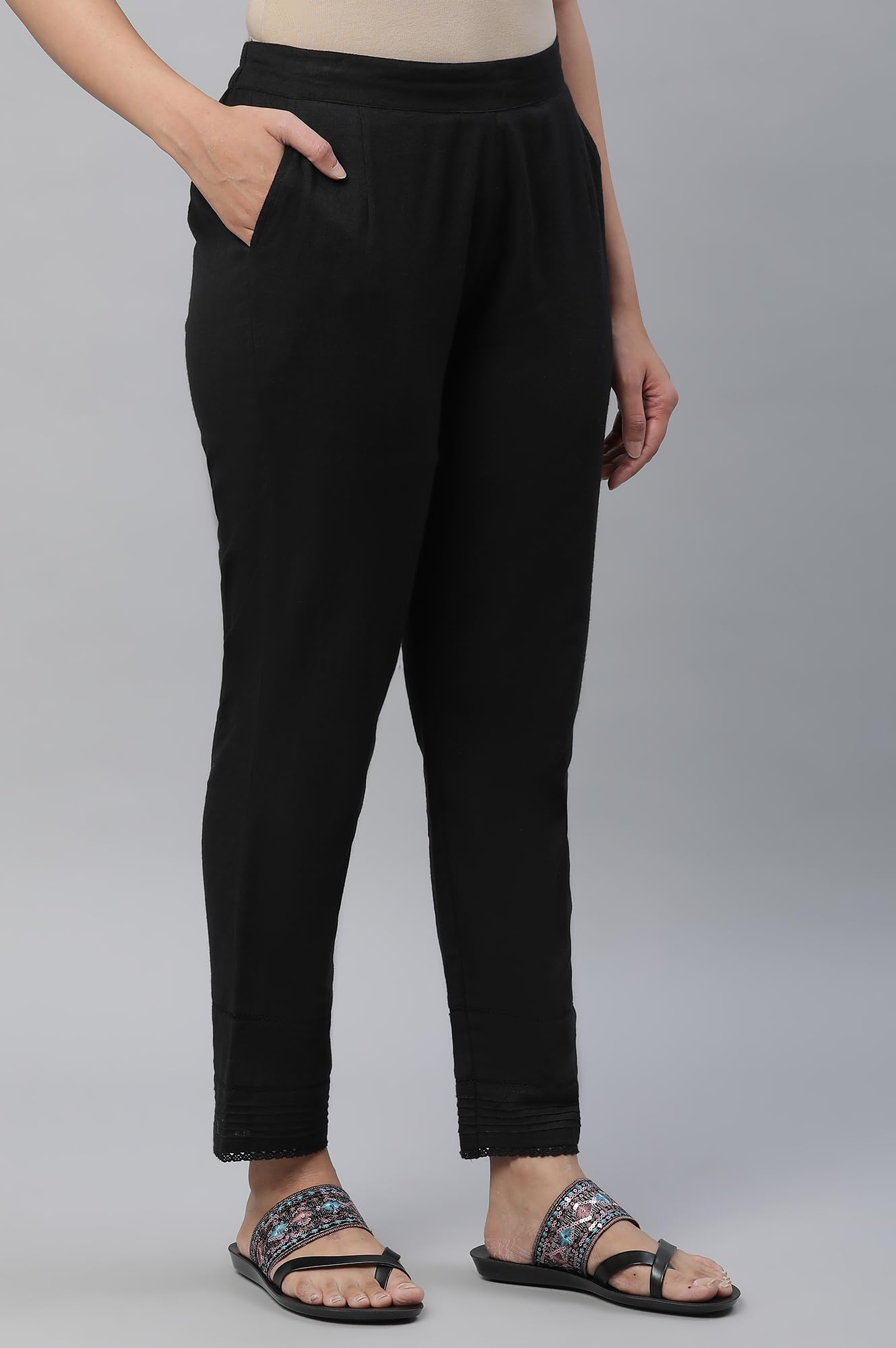Aurelia Black Solid Cotton Blend Regular Trousers for Women