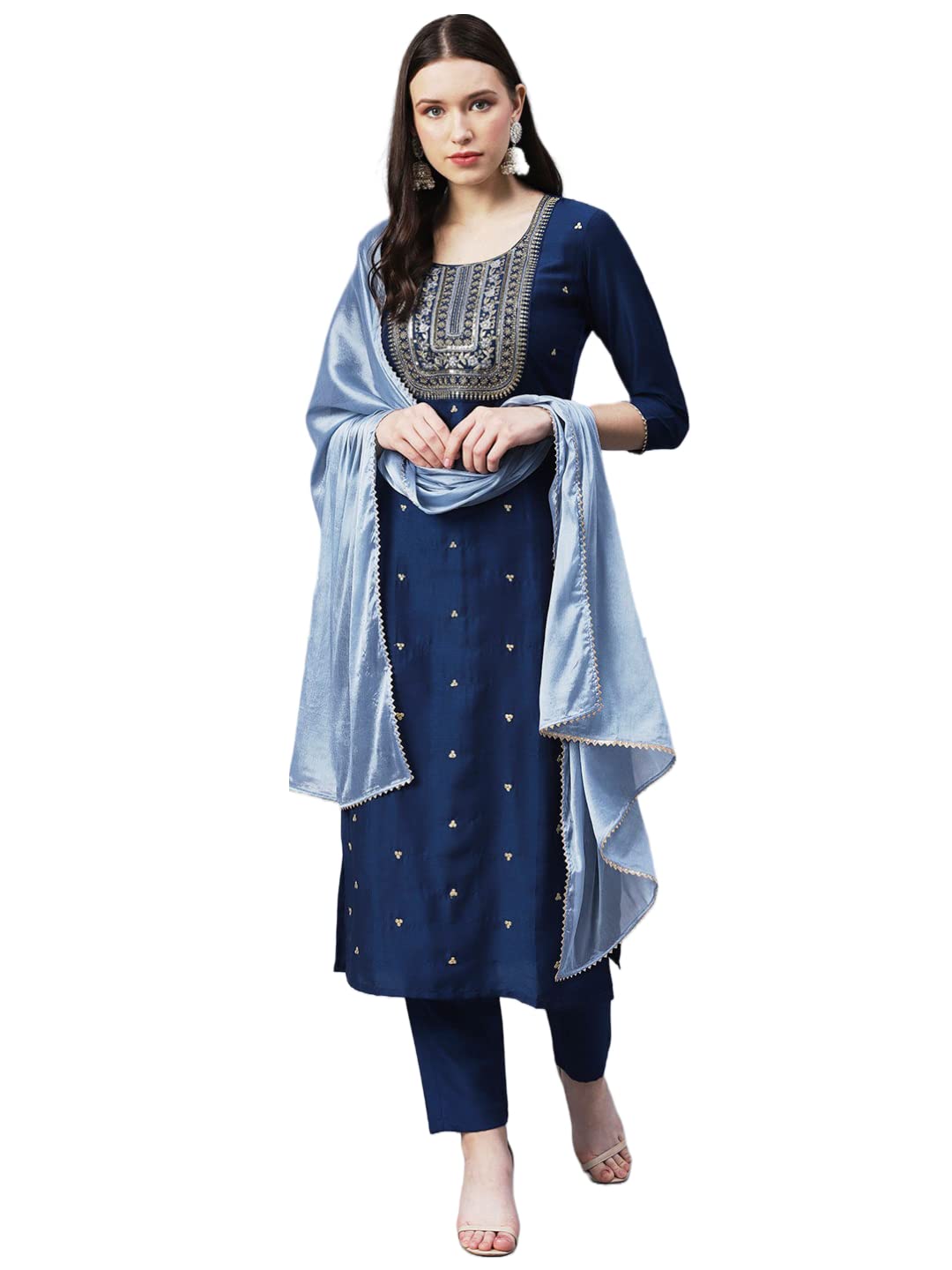 ANNI DESIGNER Women's Cotton Blend Straight Embroidered Kurta with Pant & Dupatta (Yesta Kerocine_XL_Dark Blue_X-Large)