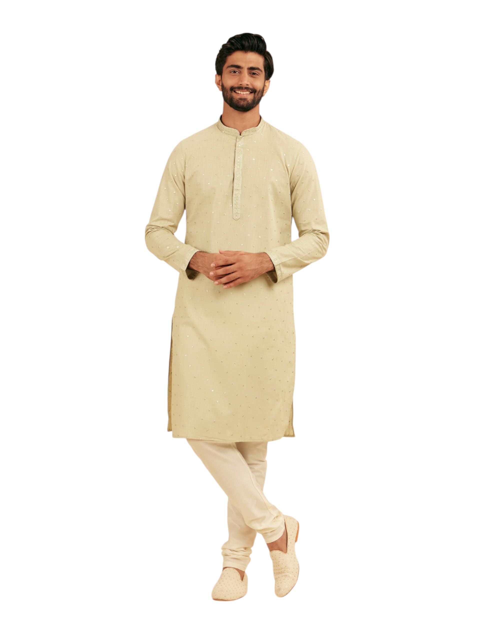 Manyavar Mens Cotton Blend Self Motif & Placket Embroidered Kurta Set (Light Mid Green,XL)