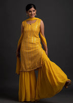 Xomantic Fashion WomenS Georgette Sequence Work Kurta Sharara Set With Dupatta Yellow
