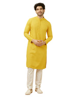 Manyavar Mens Blended Cotton Embroidered Full Sleeves Casual,Traditional Kurta & Payjama Set (Mustard, L)