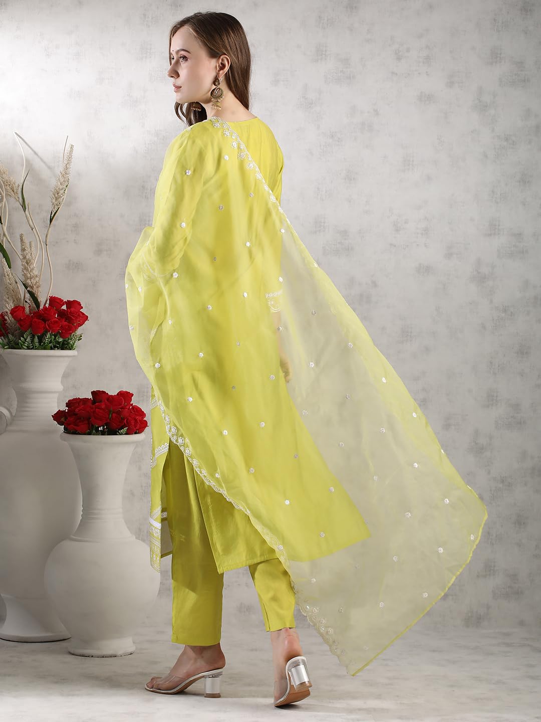 ANNI DESIGNER Women s Rayon Blend Kurta with Pants and Dupatta, Lemon Yellow, 3XL