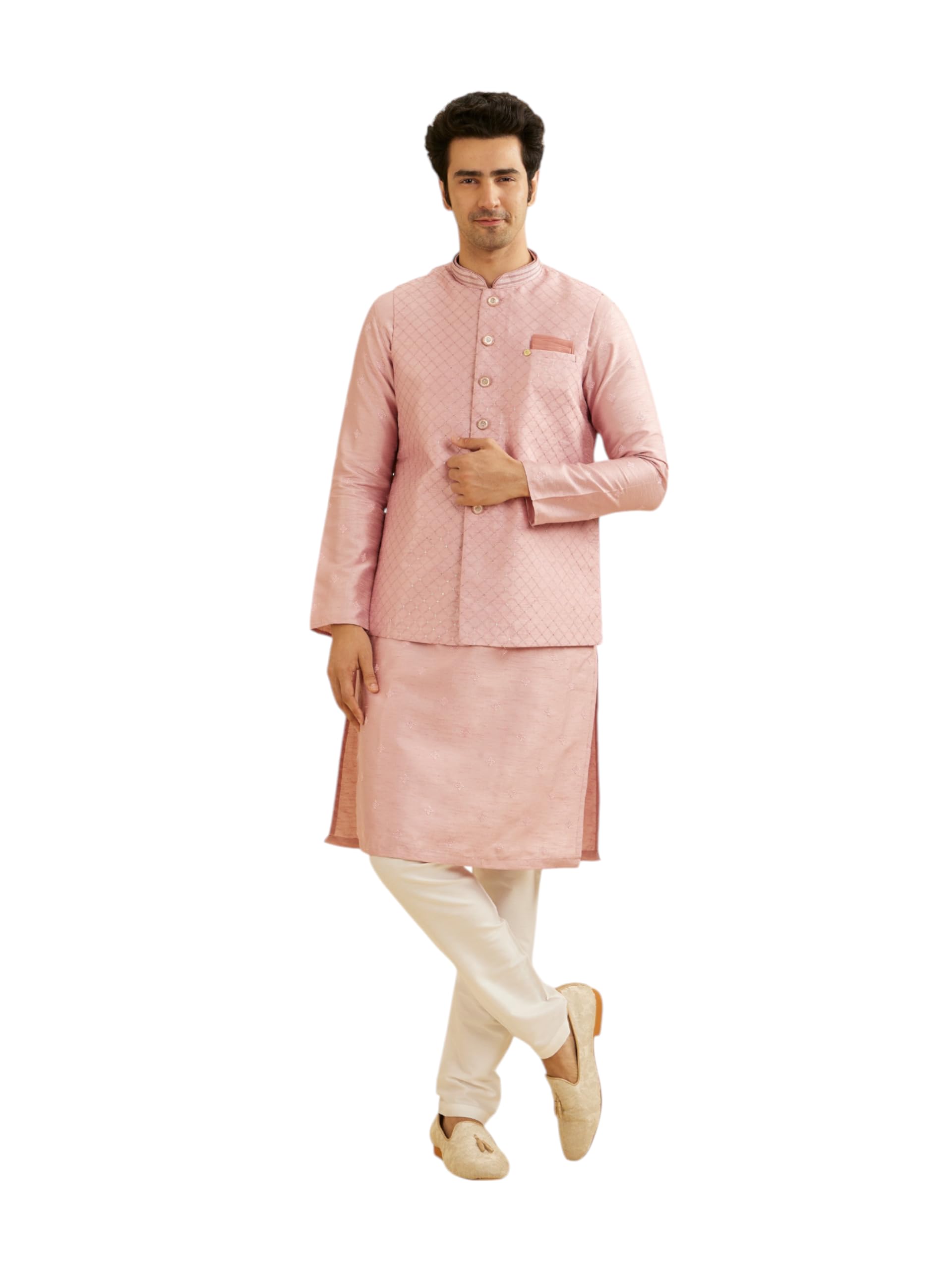 Manyavar Mens Art Silk Sequined Kurta Jacket Pyjama Set (Pink,XXL)