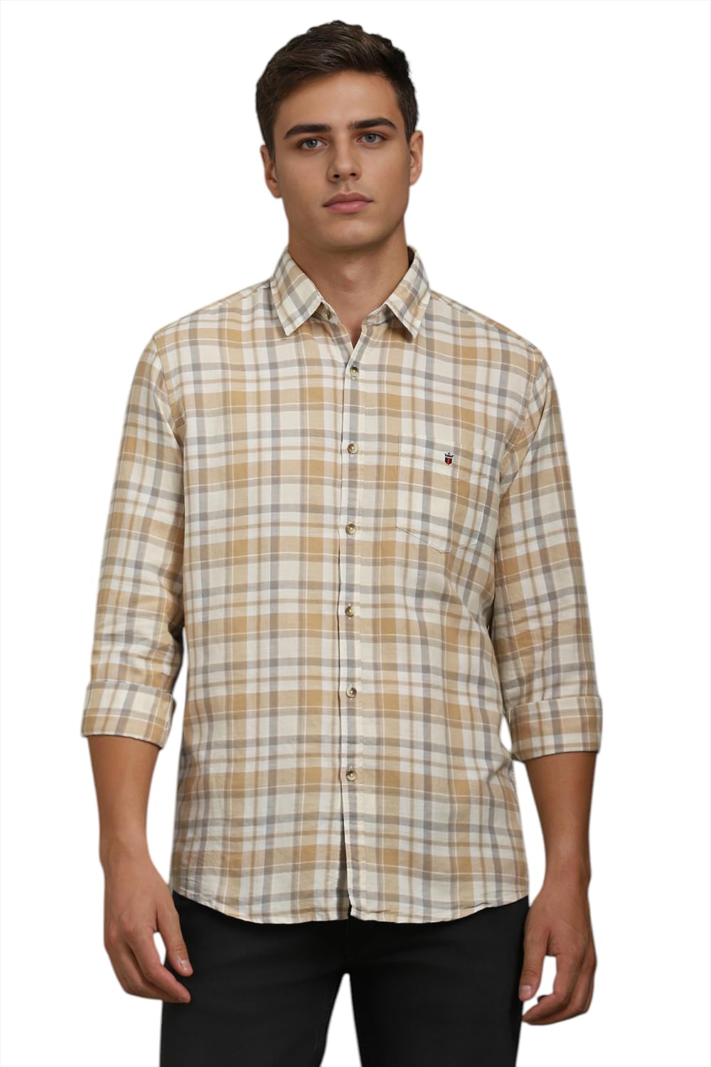 Louis Philippe Men Beige Slim Fit Check Full Sleeves Casual Shirt