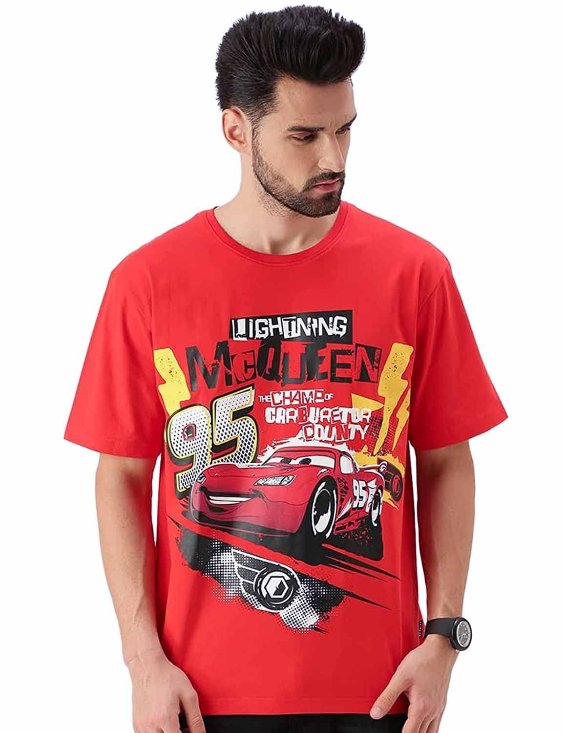 Veirdo Men's Original Disney Cotton Oversize Loose Baggy Fit Round Neck Short Sleeve Pixar Cars Printed T-Shirt