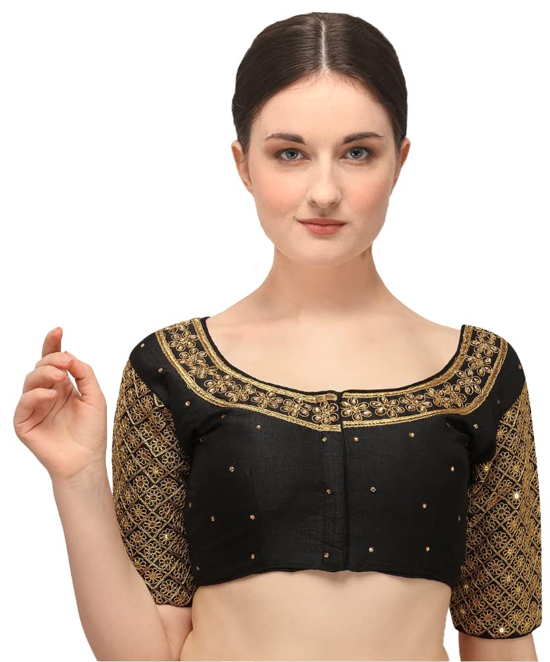 Pujia Mills Womens Embroidery Handwork Sequence Work Necklace Design Readymade Blouse (Black, 36)
