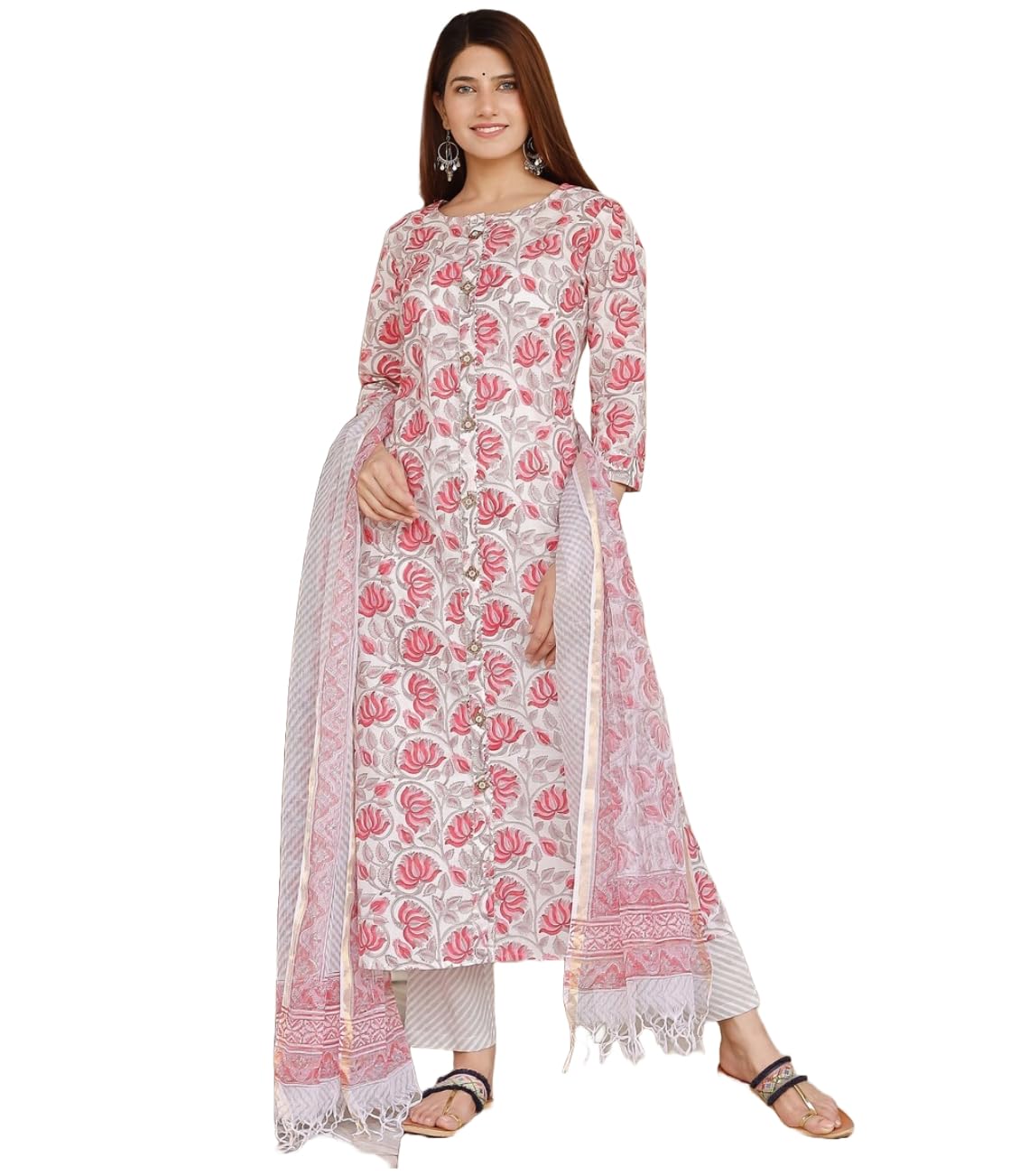 ANNI DESIGNER Womens Cotton Blend Straight Printed Kurta with Pant & Dupatta (VINKI White_M_White_Medium)