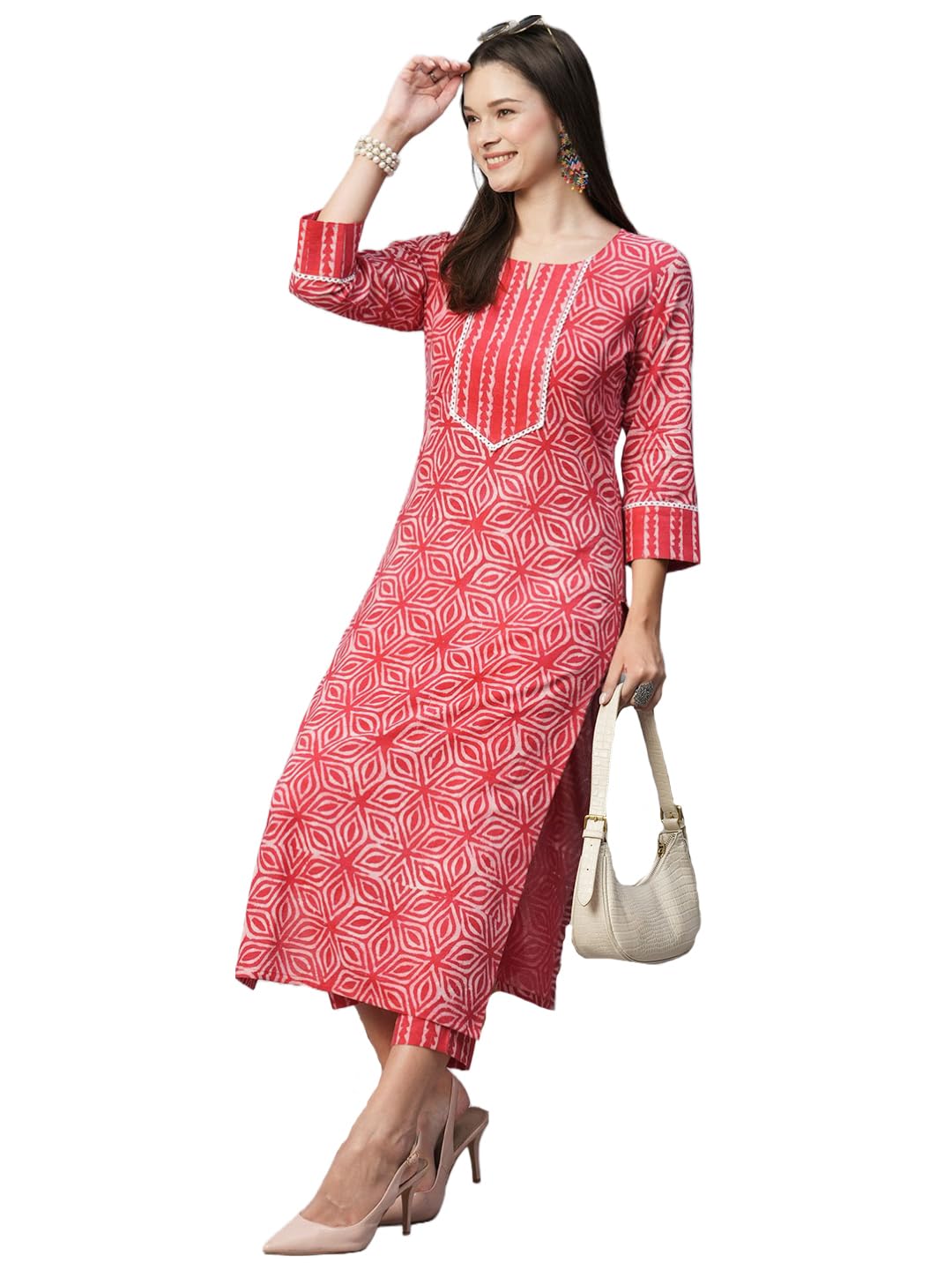 ANNI DESIGNER Womens Cotton Blend Straight Printed Kurta with Pant (Kaveri Pink-NW_S_Pink_Small)