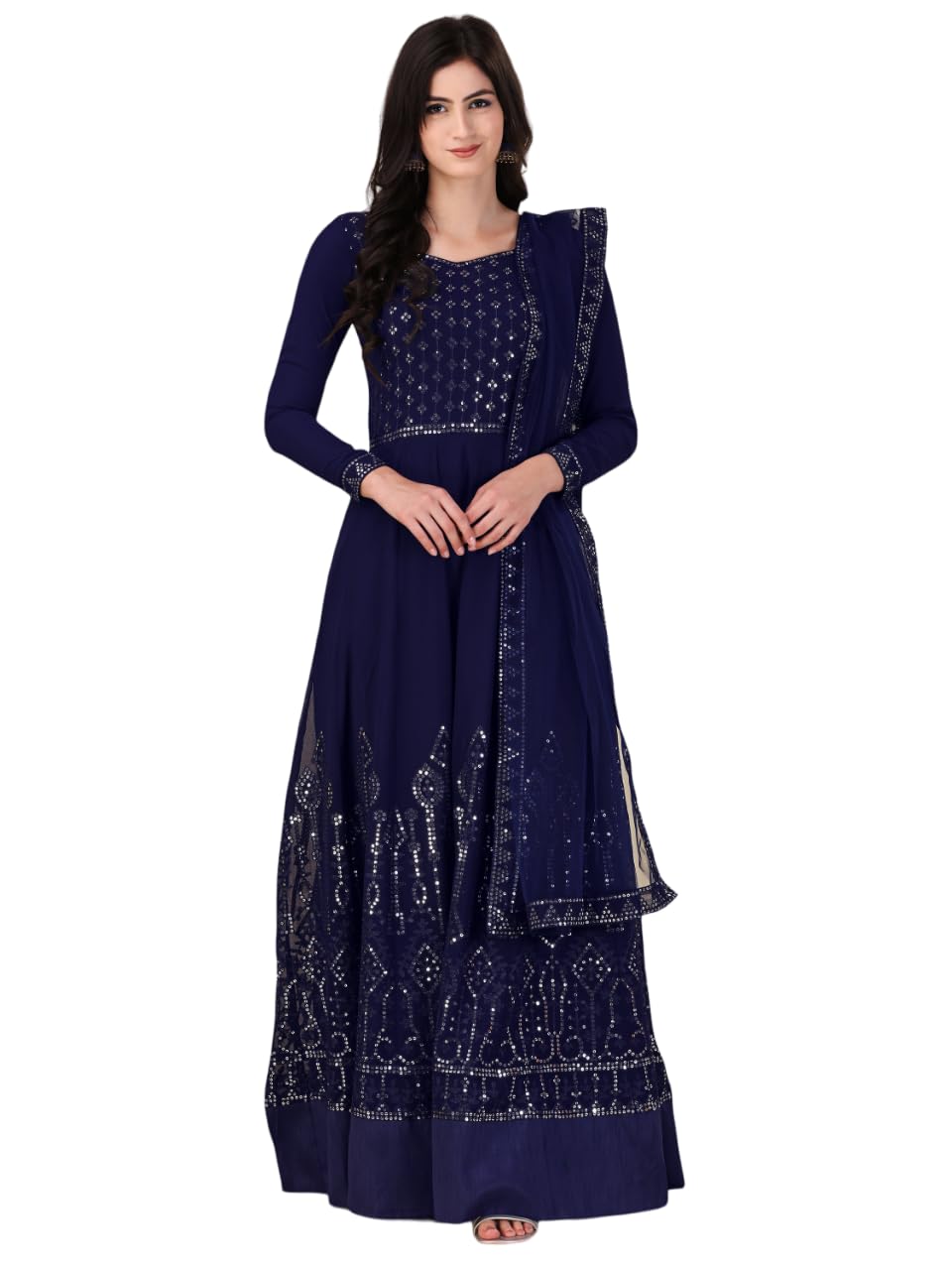 Fashion Basket Women'S Gerogette Blue Anarkali Kurta Pent With Dupatta Set
