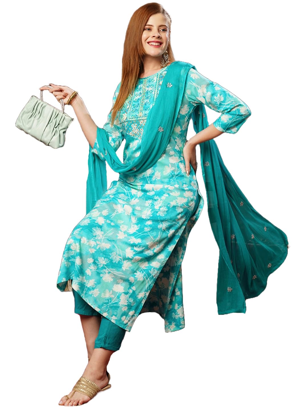 ANNI DESIGNER Womens Cotton Blend Printed Straight Kurta with Pant & Dupatta (Bhadrusha See Green_S_See Green_Small)