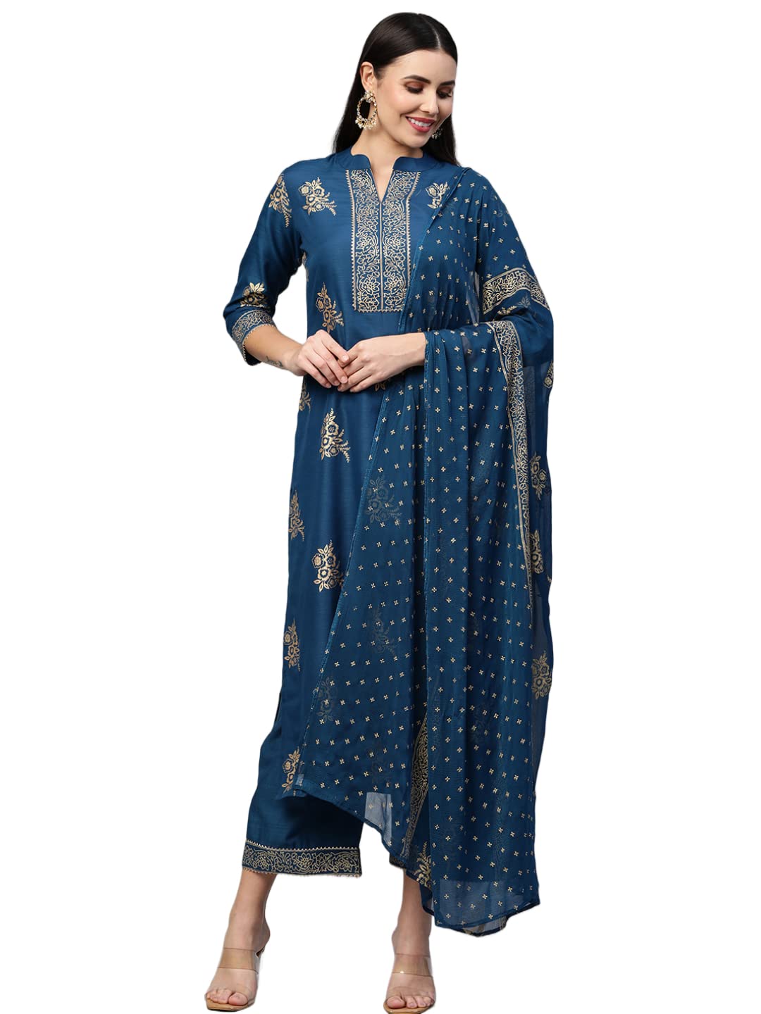 Gosriki Women'S Cotton Blend Straight Embellished Kurta With Palazzo & Dupatta (Farida Blue_Xxl-Go_Blue_Xx-Large)