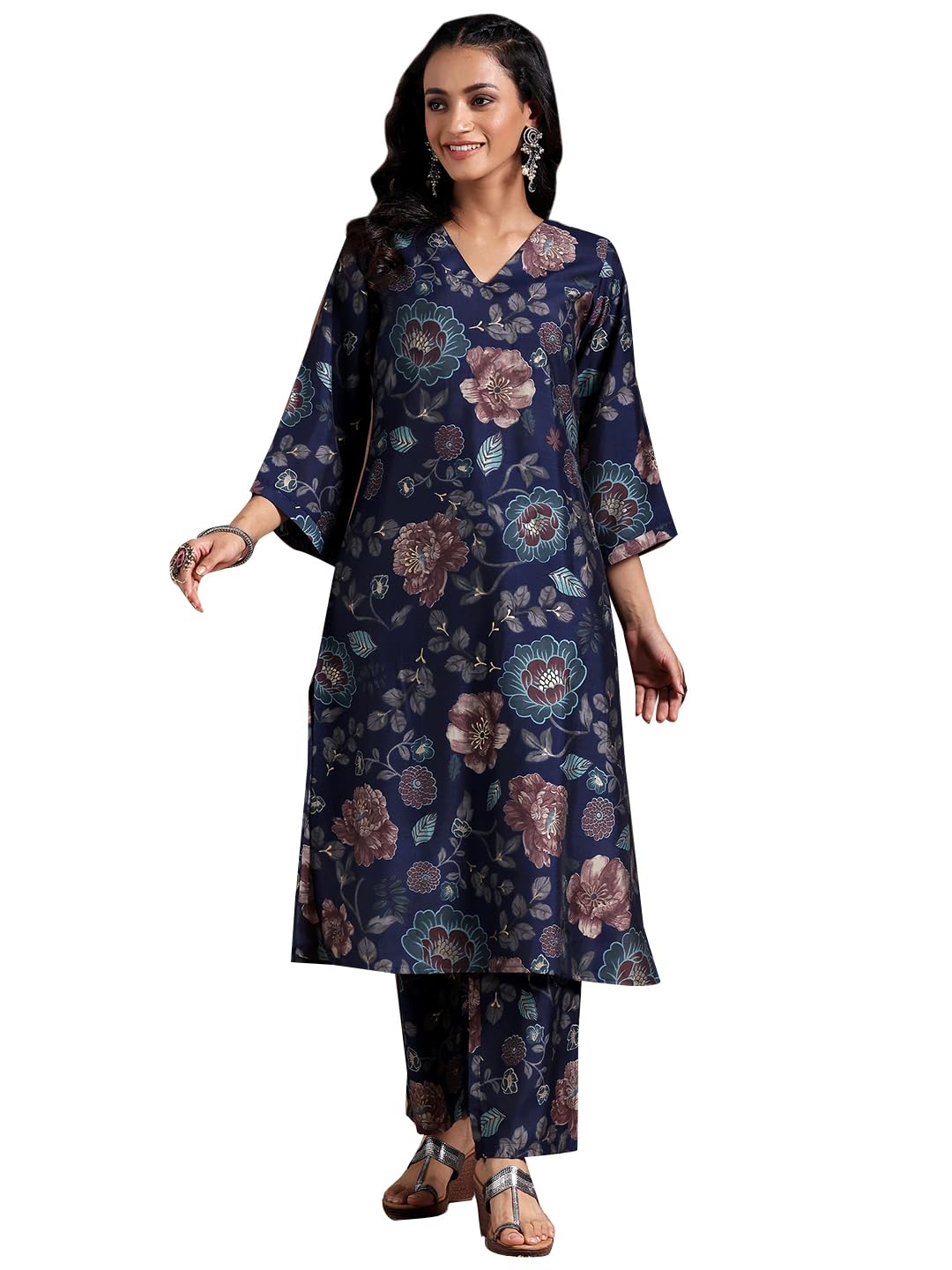Libas Women Regular Ethnic Kurta And Palazzos Set Silk Blend Printed Co-Ords (27798_Blue,X-Small)