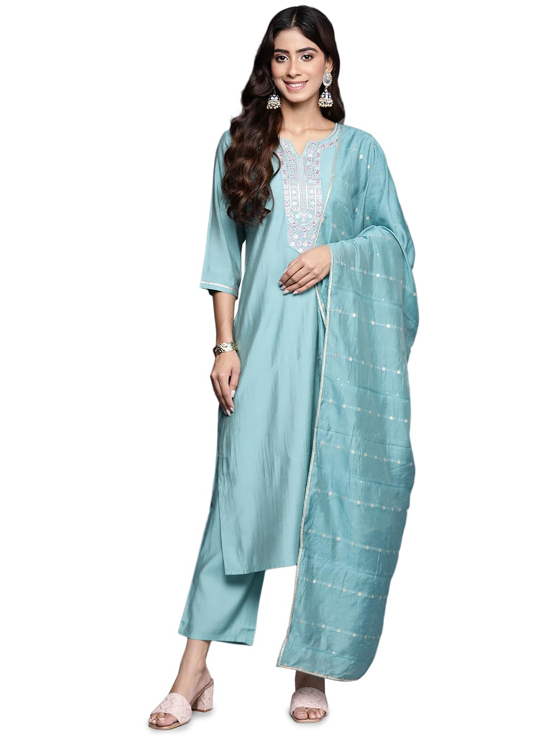 Libas Blue Yoke Design Silk Blend Straight Kurta With Trousers & Dupatta