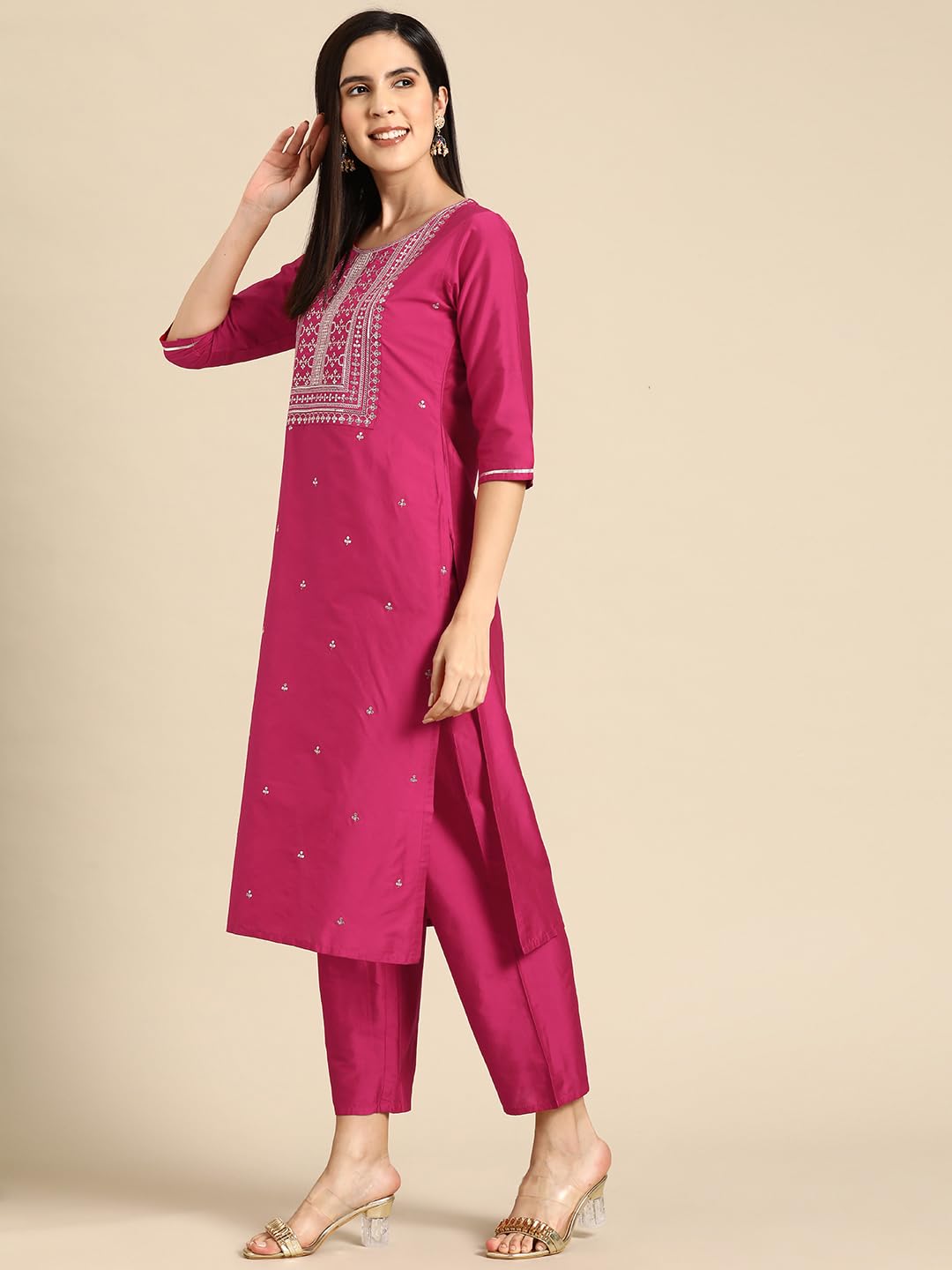 Libas Pink Yoke Design Silk Blend Straight Kurta With Trousers & Dupatta