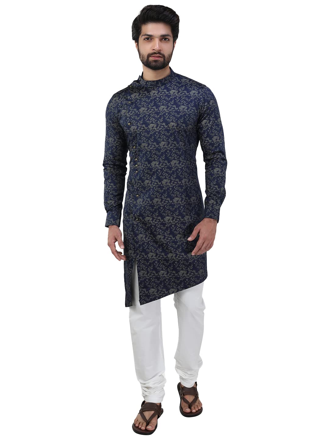 Manyavar Floral Print Casual Cotton Full Sleeves Kurta For Men - (Navy Blue, X-Large)