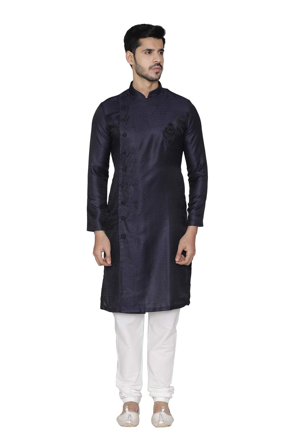 Manyavar Jacquard Design Knee Long Full Sleeves Kurta And Churidar Set For Men - (Navy Blue, X-Large)