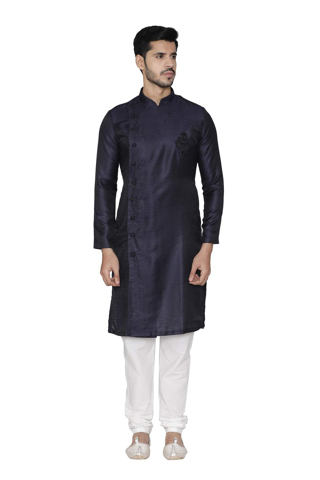 Manyavar Jacquard Design Knee Long Full Sleeves Kurta And Churidar Set For Men - (Navy Blue, X-Large)