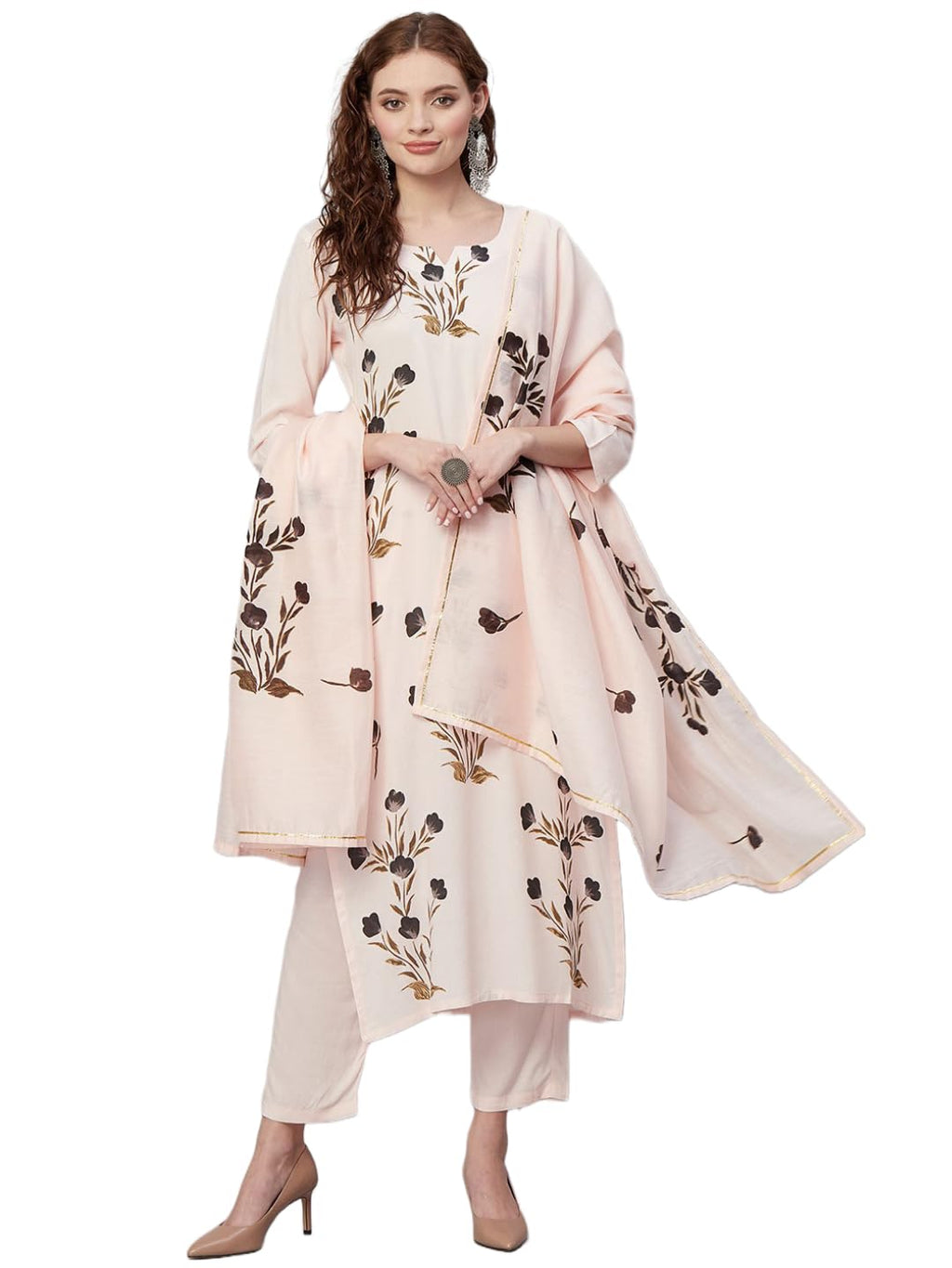 ANNI DESIGNER Womens Cotton Blend Straight Printed Kurta with Pant & Dupatta (Brush-Peach-KNW_XXL_Peach_XX-Large)