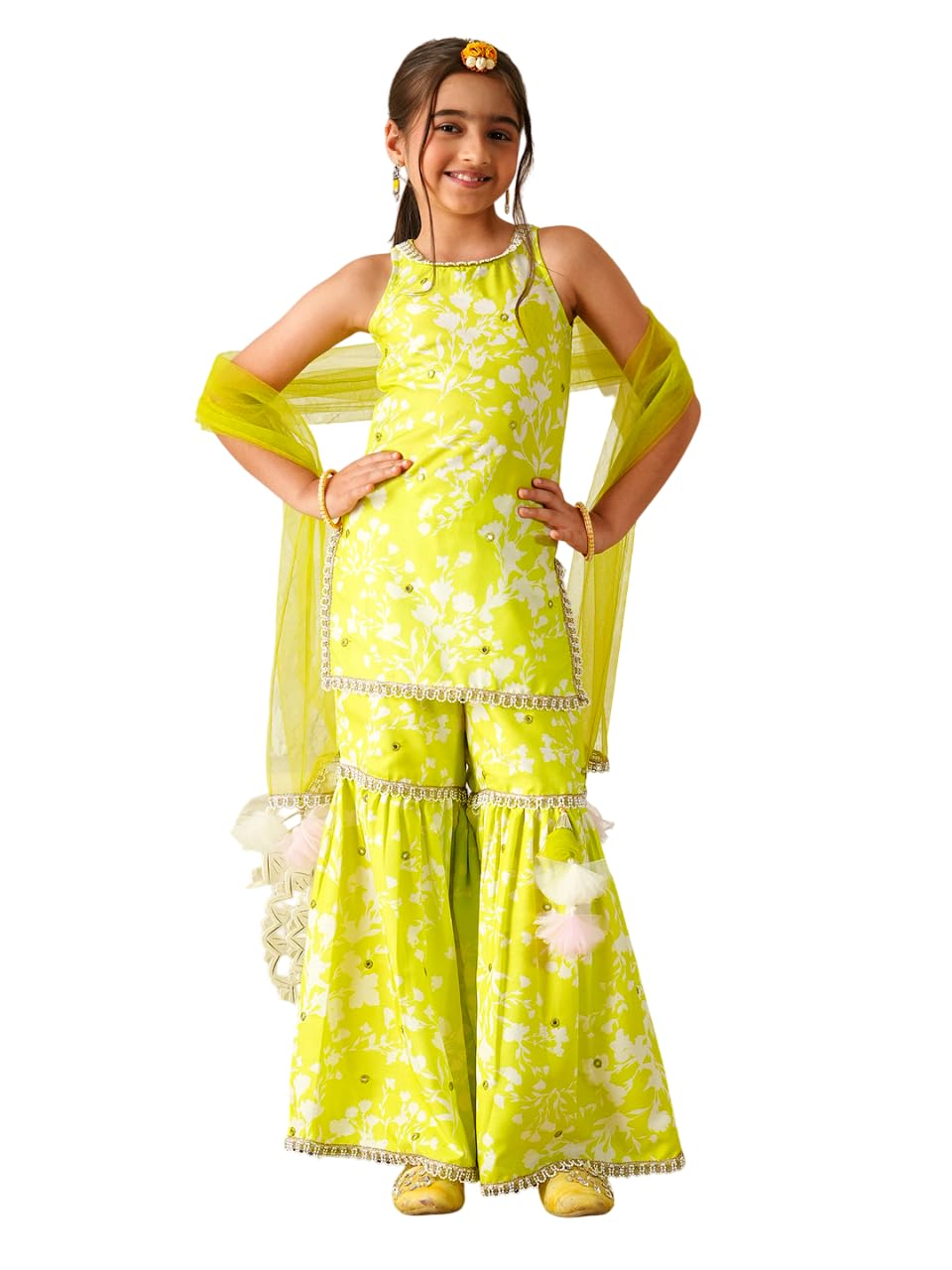 Pspeaches Girls Rayon Sleeveless Round Neck Floral Print Kurta And Sharara With Dupatta 3 Piece Set|Ethnic Wear For Kids Girls|T 14-15