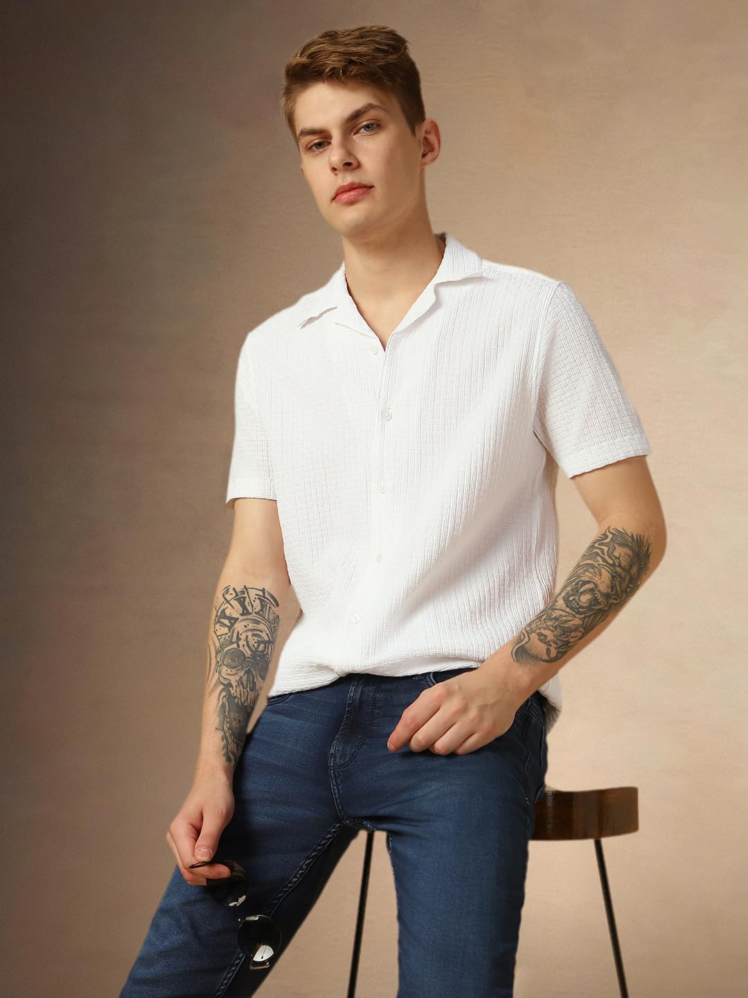 Dennis Lingo MenS White Half Sleeve Cuban Collar Solid Textured Relaxed Fit Casual Shirt