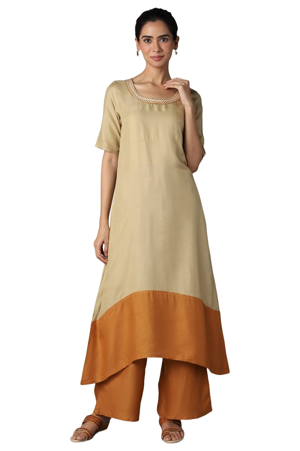 Aure Collection by Aurelia Beige and Tawny Olive Colour Block Kurta with Palazzo Set