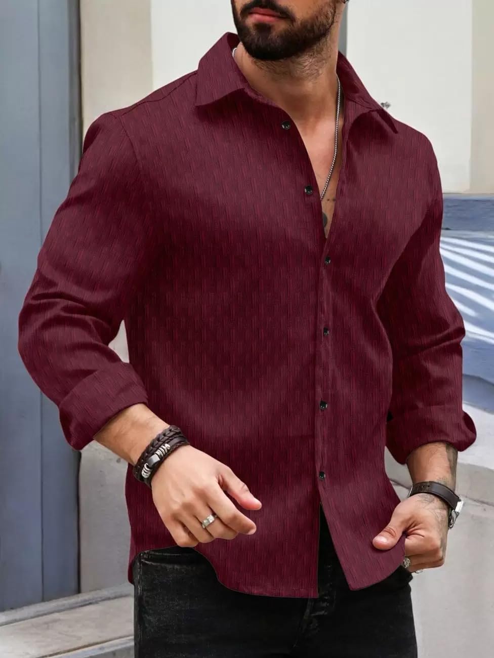 Deelmo MenS Regular Fit Button Down Dress Shirts Textured Long Sleeve Casual Hawaiian Shirt Maroon