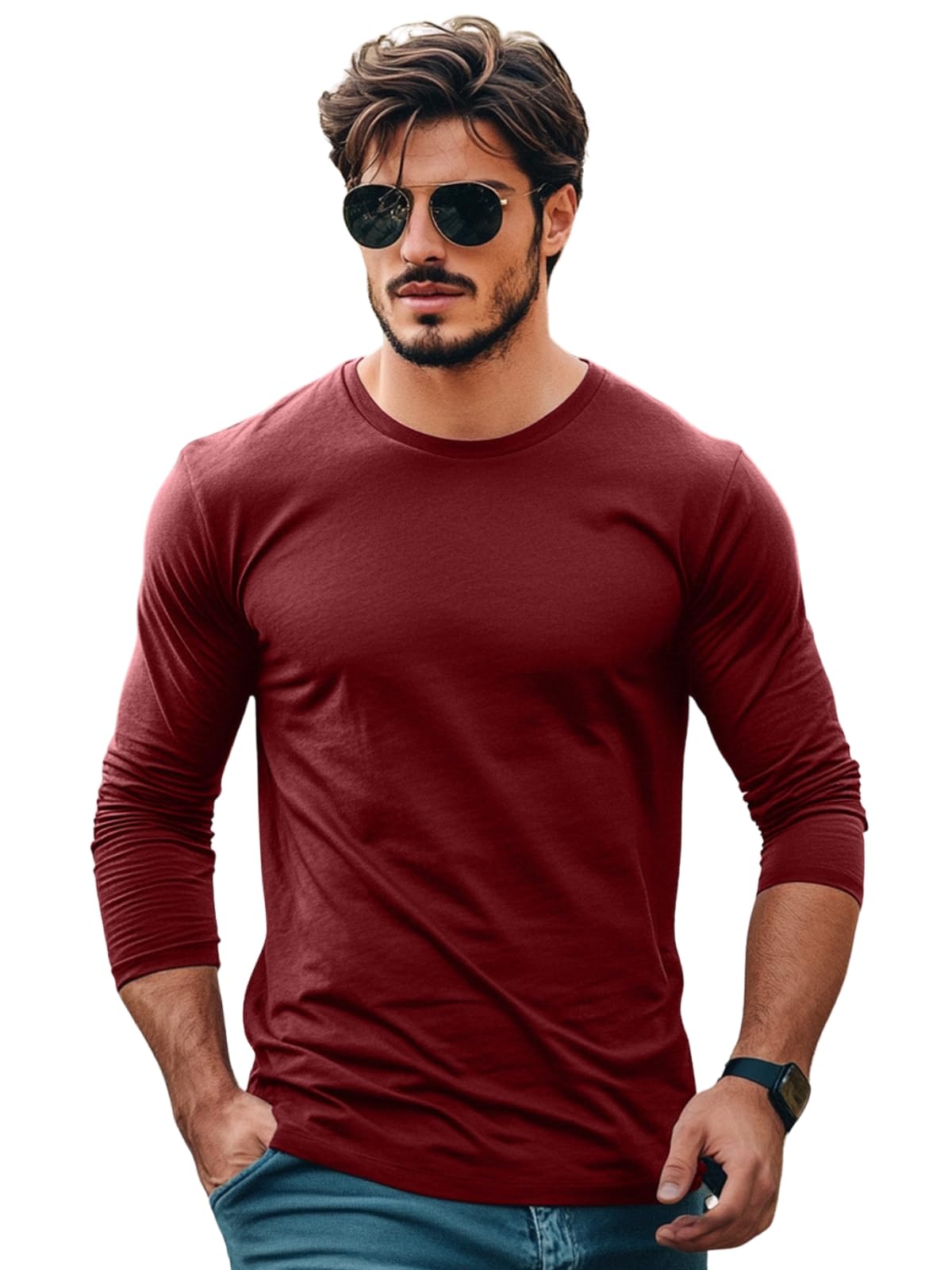 Veirdo Men's Cotton Regular Fit Solid Marron Full Sleeve T-Shirt