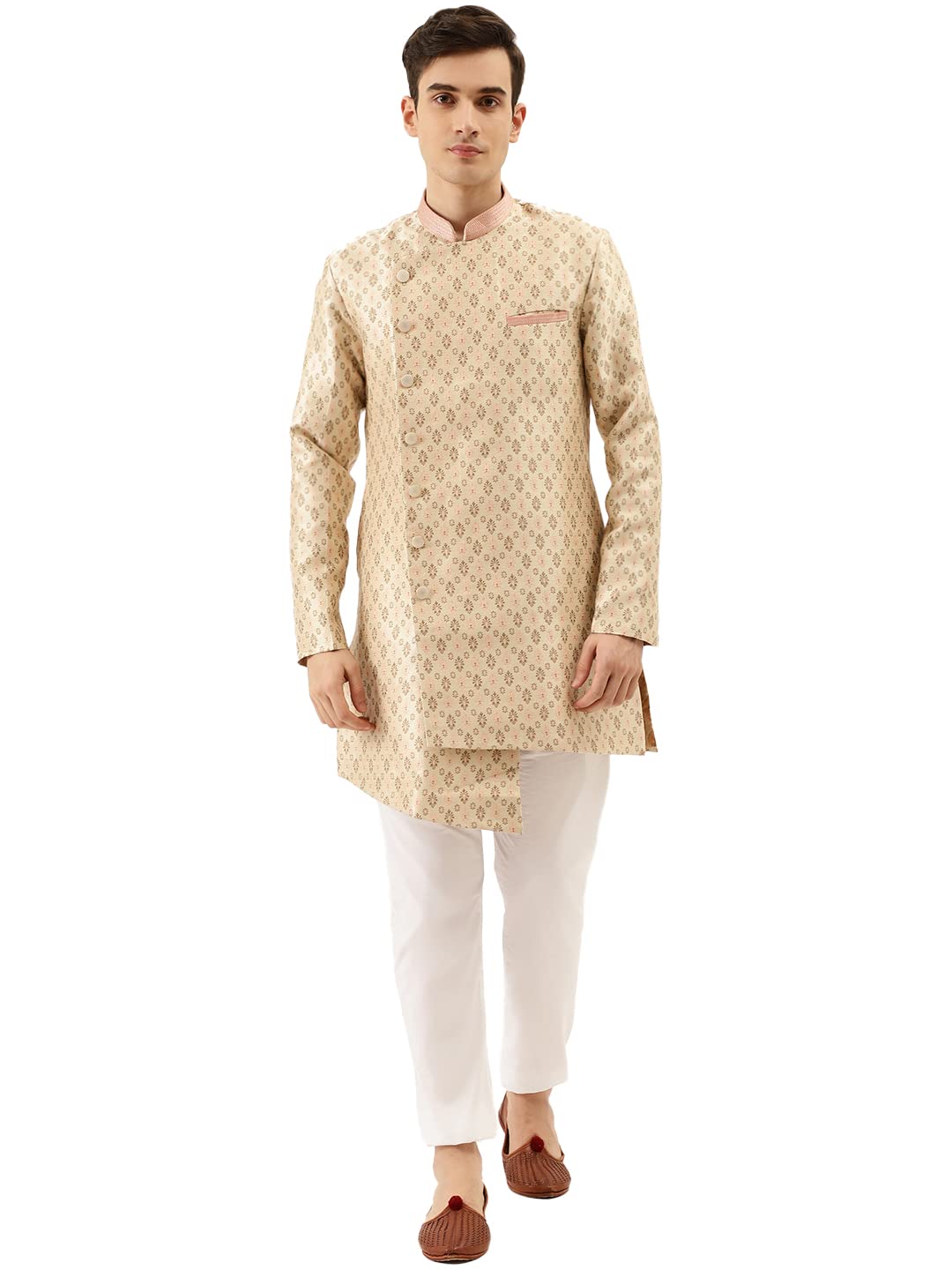 Manyavar Semi Indowestern And Patiala Set For Men, Full Sleeves Mandarrin Collar, Silk Blend Indowesten Dress Set (Beige) (S)