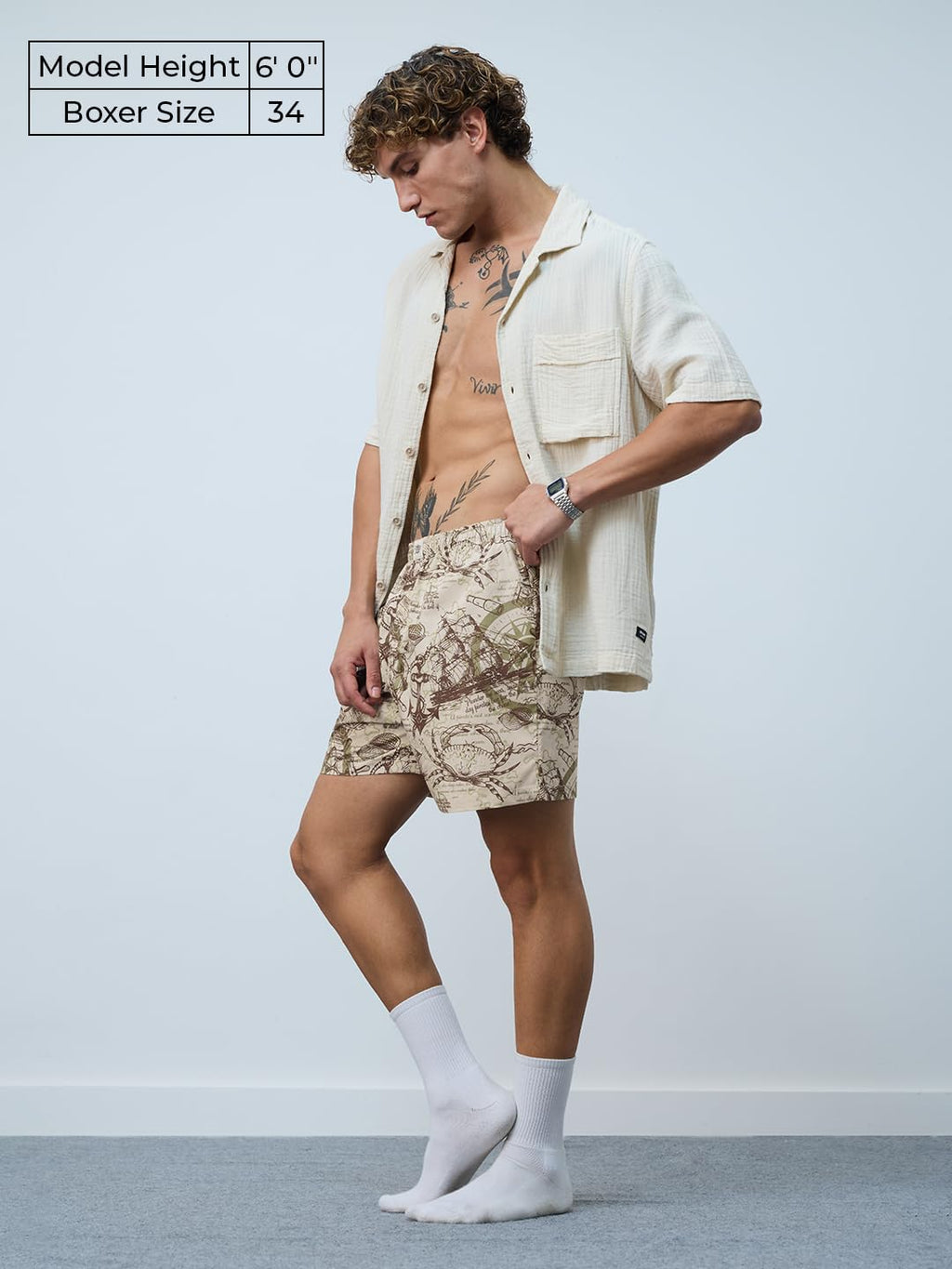The Souled Store Sailor Wanderer Men and Boys Beige All Over Printed Regular Fit Cotton Boxer Shorts