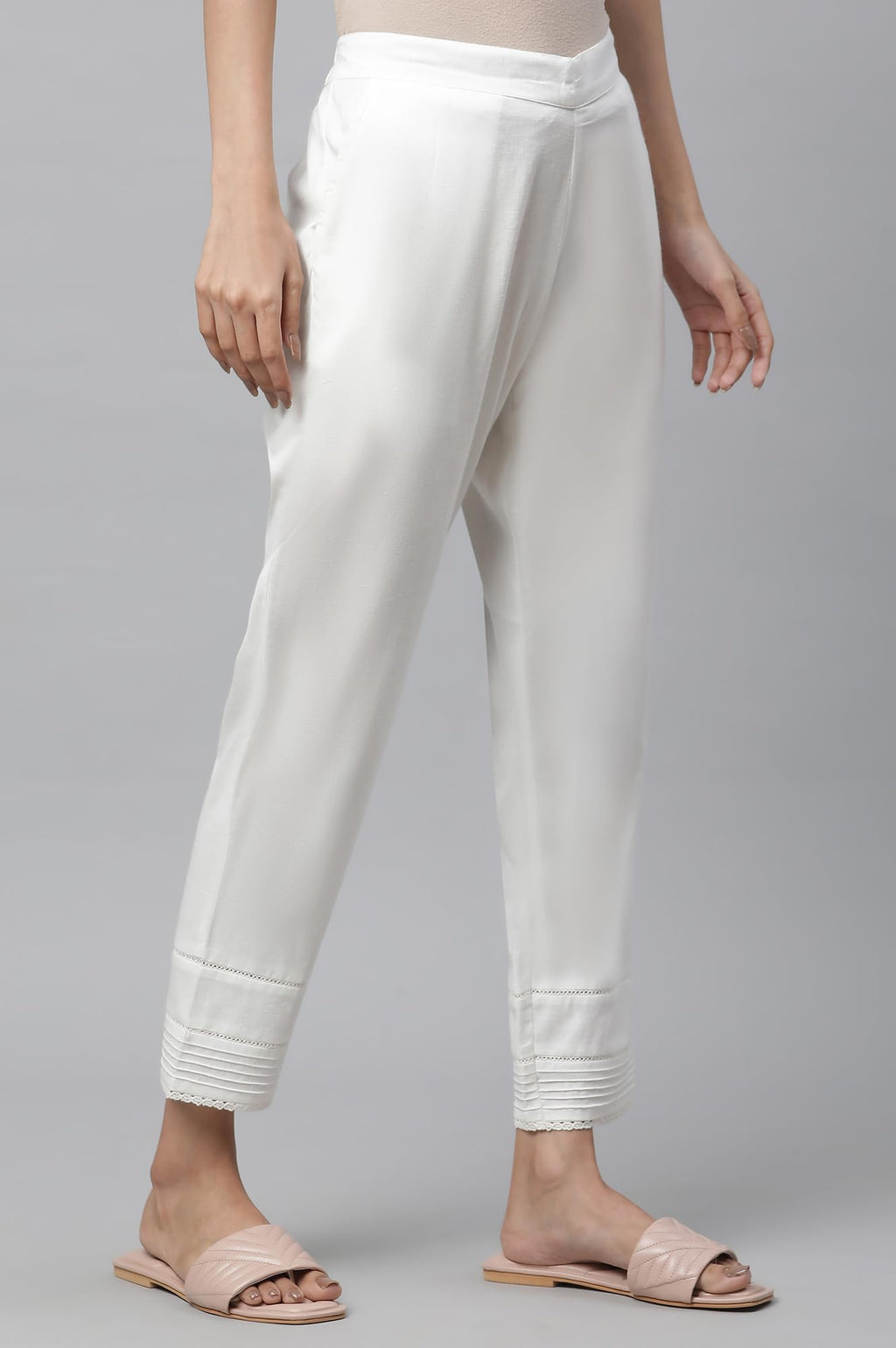 Aurelia White Solid Cotton Blend Regular Trousers for Women