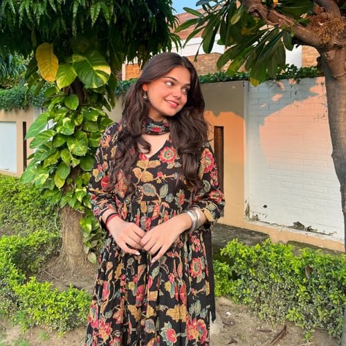 ANNI DESIGNER Women s Anarkali Rayon Blend Printed with Trousers and Dupatta, Black, M