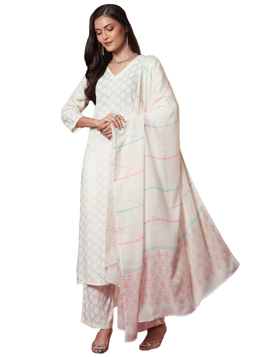 ANNI DESIGNER Womens Rayon Viscose Printed Straight Kurta with Pant & Dupatta (Mirai WHITE-VKS03_M_White_Medium)