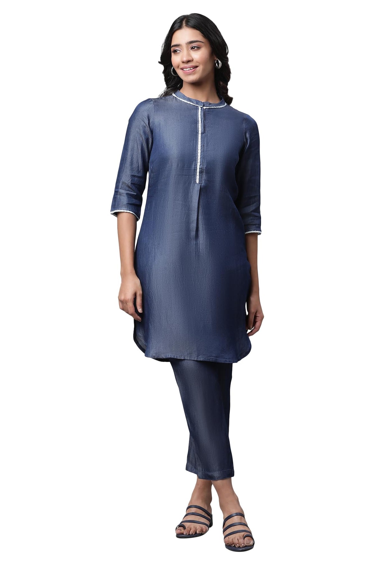 Aurelia Women New Blue Pure Cotton Straight Kurta, Palazzos Suit Set