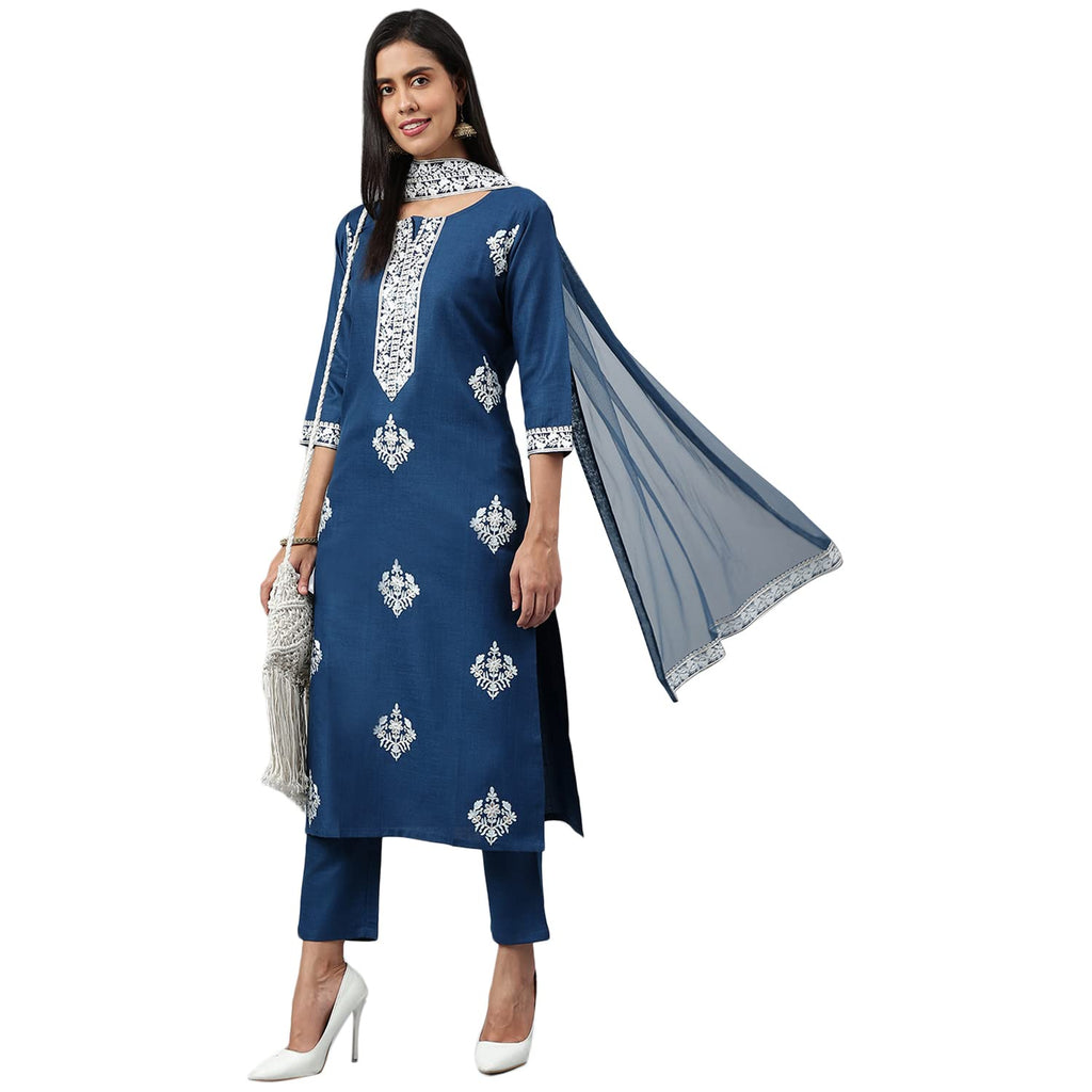 ANNI DESIGNER Womens Cotton Blend Straight Embroidered Kurta with Pant & Dupatta (Tistha Dark Blue_M_Dark Blue_Medium)
