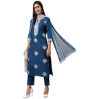 ANNI DESIGNER Womens Cotton Blend Straight Embroidered Kurta with Pant & Dupatta (Tistha Dark Blue_M_Dark Blue_Medium)