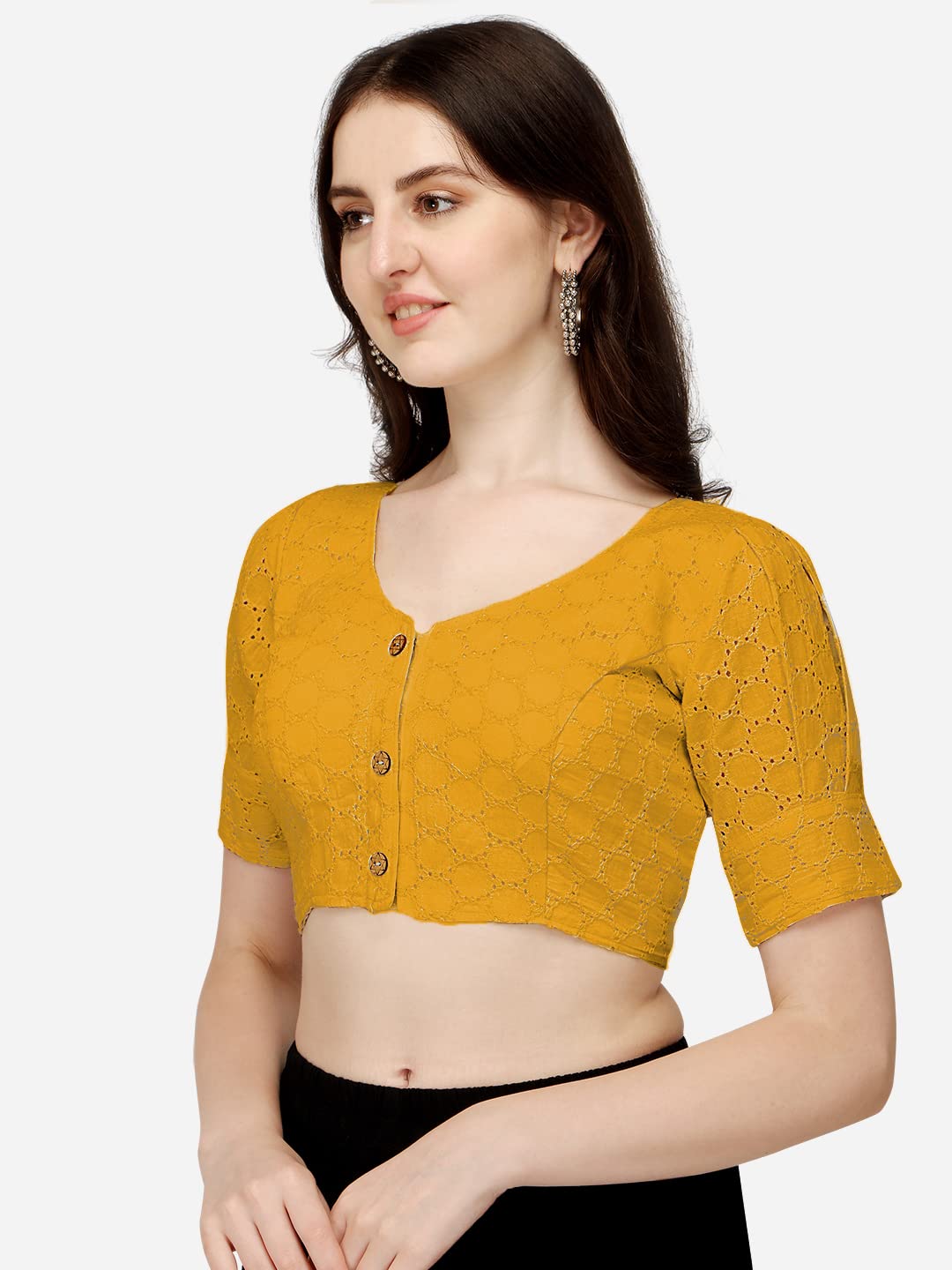 Pujia Mills WomenS Cotton Chikankari Embroidery Work Readymade Saree Blouse Readymade Puff Sleeve For Women V Neck Fancy Blouse
