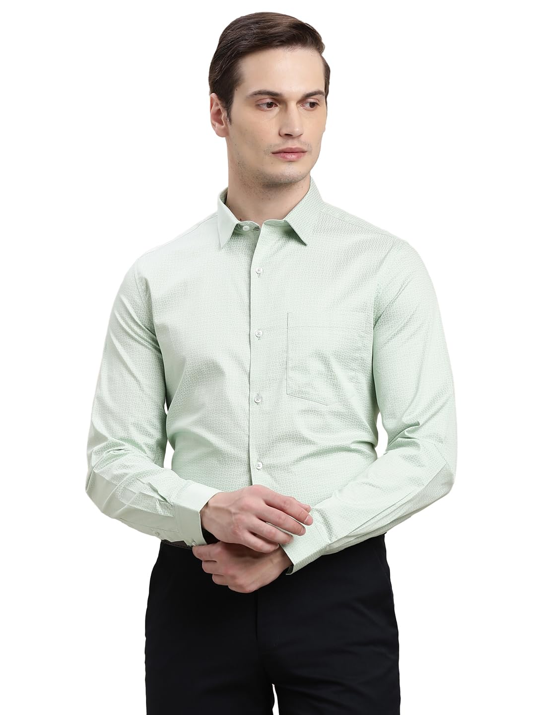 Turtle Men Pure Cotton Slim Fit Printed Full Sleeve Light Green Formal Shirt