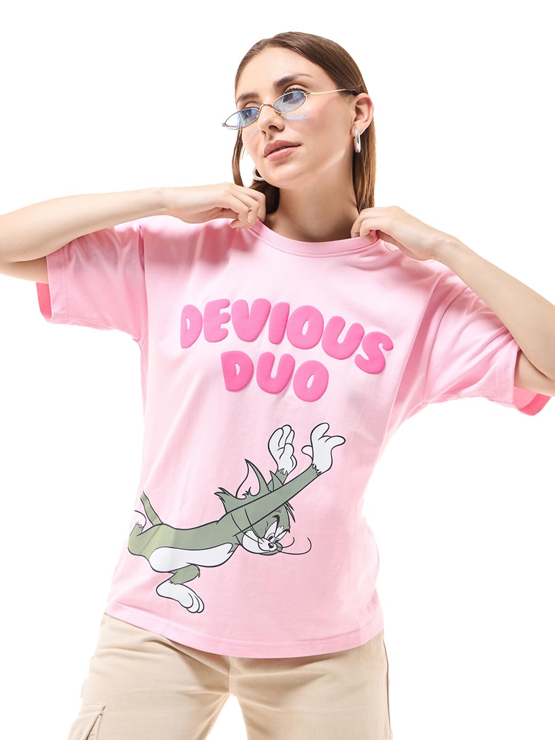 Bewakoof Heavy Duty 1.0 Official Tom & Jerry Merchandise Womens Graphic Print Oversized Fit Half Sleeve Round Neck Terry T-Shir