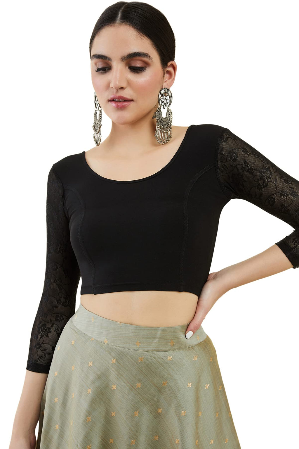 Soch Womens Black Spandex Princess Cut Blouse With Floral Sleeves