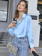 CB-COLEBROOK Womens Blouse Satin Silk Stylish Shirts Button Down Solid Shirts Casual Loose Long Sleeve Office Work Tunic Wester