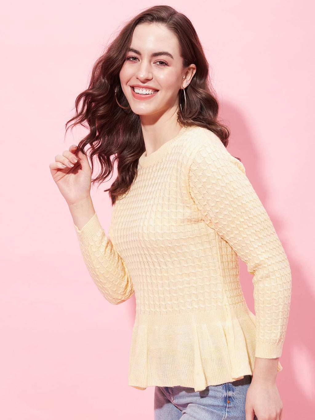 Modeve Cable Knit Round Neck Casual Women Sweater||Winterwear|| Lemon