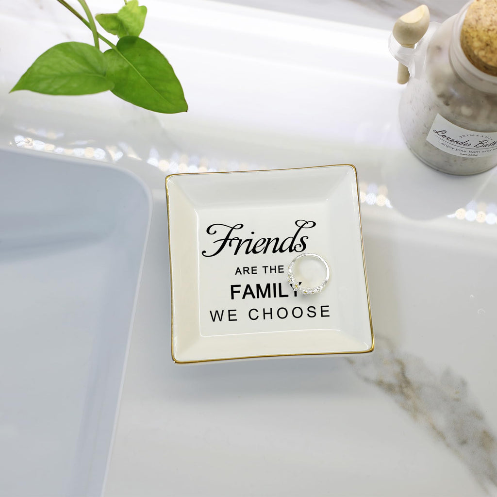 HOME SMILE Birthday Christmas Funny Gifts for Best Friend-Ceramic Ring Dish Jewelry Tray-Friends are Family We Choose