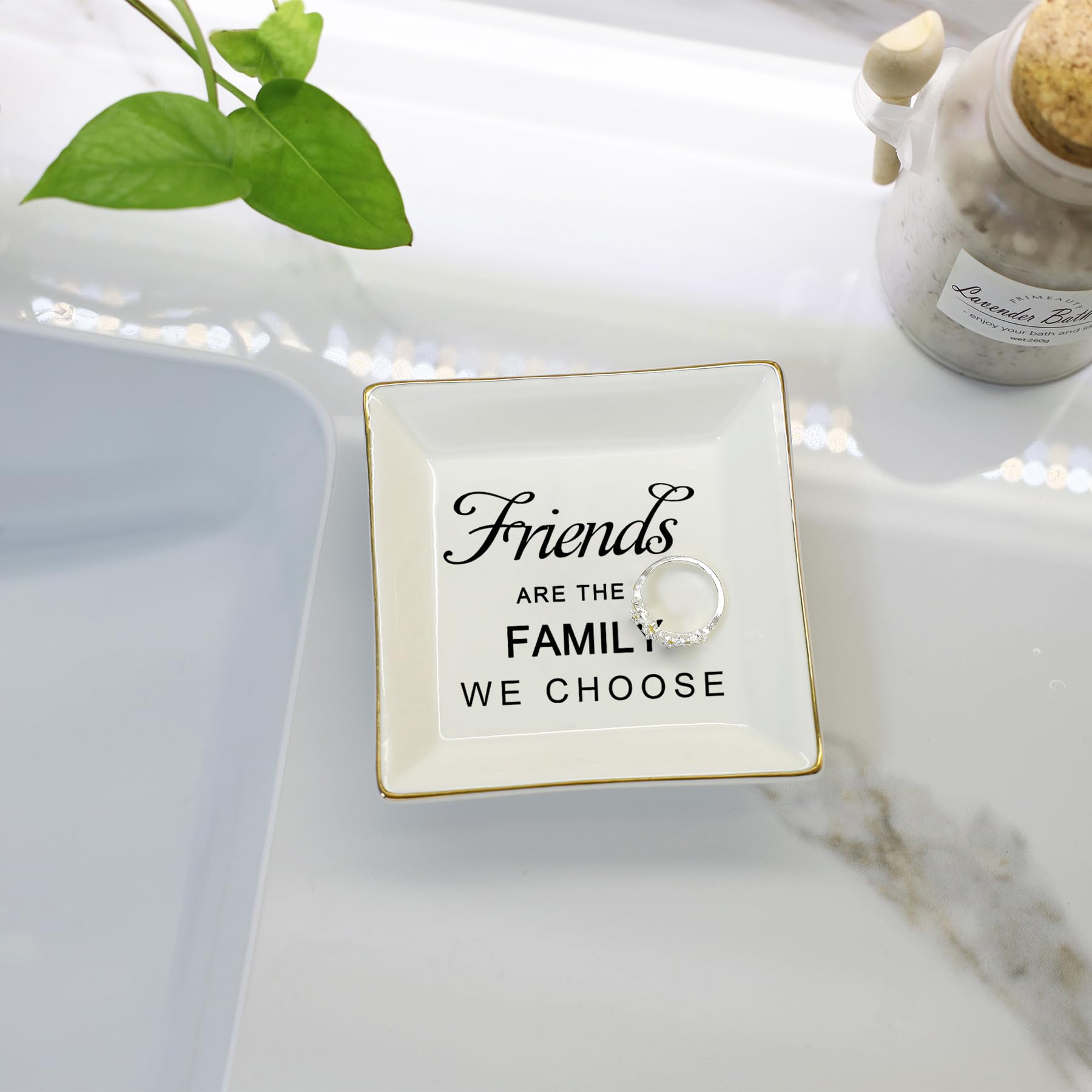 HOME SMILE Birthday Christmas Funny Gifts for Best Friend-Ceramic Ring Dish Jewelry Tray-Friends are Family We Choose