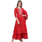 ishin Womens Pure Cotton Straight Embroidered Aari Work Bandhani print Red Kurta suit set with Sharara XyKplpmRe-5084D_L_Red