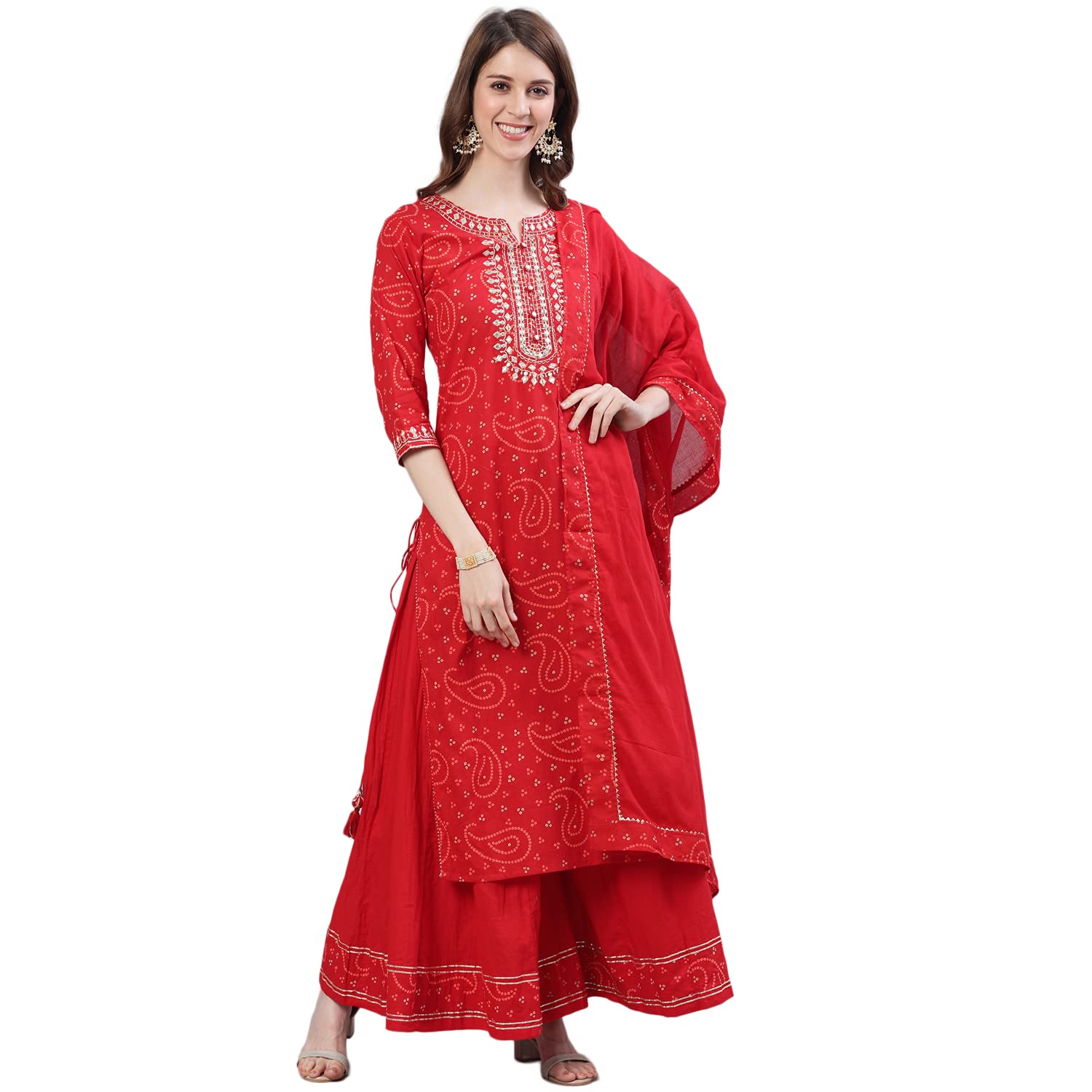 ishin Womens Pure Cotton Straight Embroidered Aari Work Bandhani print Red Kurta suit set with Sharara XyKplpmRe-5084D_L_Red