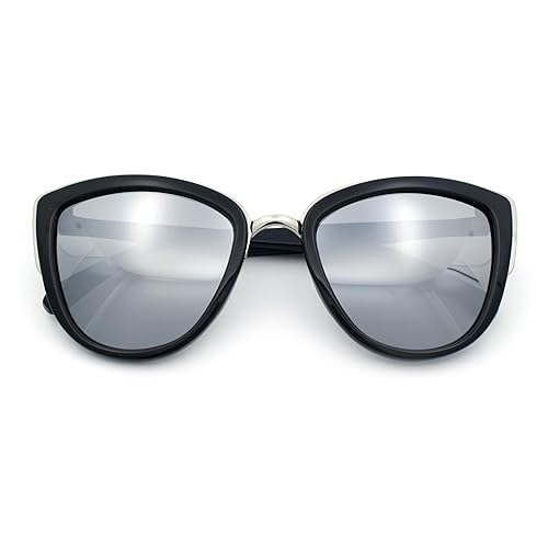 SA106 Womens Color Mirror Mirrored Lens Oversize Cat Eye Sunglasses Matte Black Silver Mirror